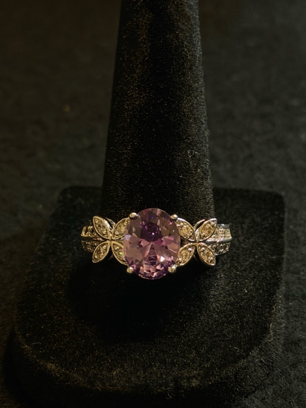 Silver Tone Costume Ring with Purple Stone and Crystal Accents